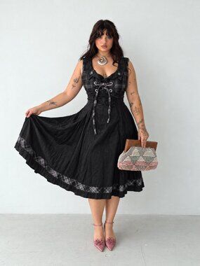 Y2K Lumiance Midi A-line Dress Size S Black White Plaid Lace-up (c11)